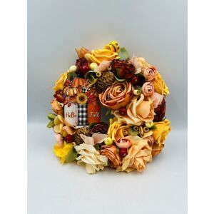 Művirágos őszi ajtódísz, 30 cm. Őszi ajtódekoráció művirágokkal és tökökkel. - Ajtódísz