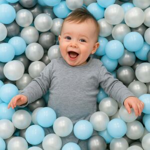Baby playing in Kg0042 light blue, pearl, and gray ball pit - Springos