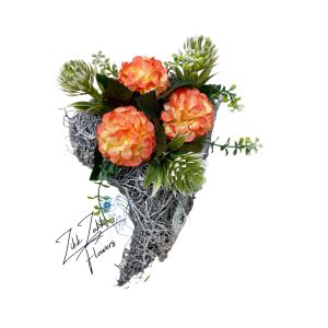 Szív alakú sírdísz narancs hortenzia utánzatokkal