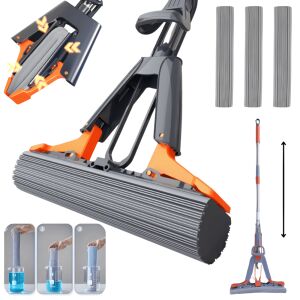 Super absorbent szivacs mop 38cm, PVA Premium, 3 újrahasználható fej utántöltés tartalmazza, gyors és hatékony tisztítás, kihangosító automata préselőrendszer, alkalmas parketta, csempe, laminált, maximális nedves felszívódás, Narancs Fekete