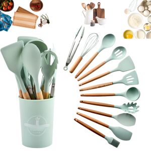 Set Premium Ustensile de Bucatarie pentru Gatit, 12 Piese din Silicon cu Manere din Lemn Bambus Ergonomice, Durabile, Sigur pentru Alimente, Rezistente la Temperaturi Inalte, Usor de Curatat si Organizat, Verde Lime 139625821 - Ustensile de bucătărie