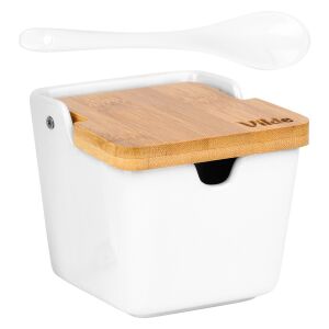 Kerámia Cukortartó Bambusz Fedéllel és Kanállal - 250ml, Fehér