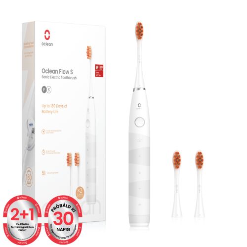 Oclean Flow S Weiße Elektrische Zahnbürste mit Ersatzköpfen und Verpackung