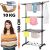 Woman holding laundry next to 3-tier rolling clothes drying rack with dimensions