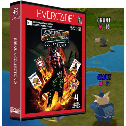 Evercade #46 Gremlin Collection 2 játékkazetta borítója a Loaded, Re-Loaded, Buggy és Hogs of War játékmenetével - Blaze Entertainment
