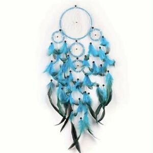 Sok karikás türkiz álomcsapda tigrisszem gyöngyökkel és tollakkal - Álomfogó