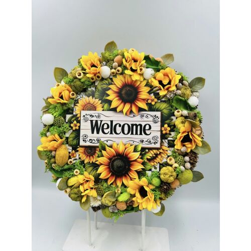 Napraforgós "Welcome" ajtódísz, dekoratív virágkoszorú