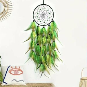 Zöld tollas álomfogó fali dekoráció, kézzel készített indián stílusú álomcsapda a jó álmokért - Álomfogó