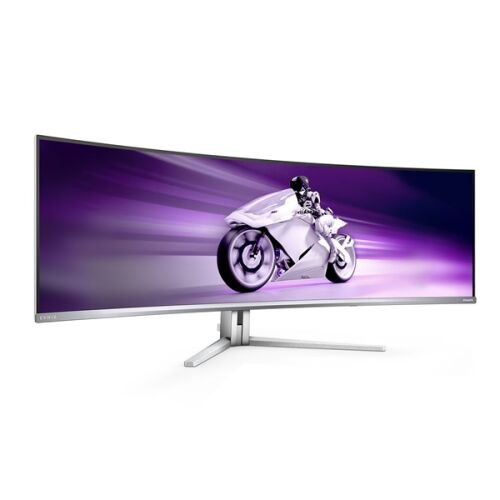 Der gebogene 49-Zoll-QD-OLED-Gaming-Monitor Philips Evnia 49M2C8900L zeigt ein Motorrad