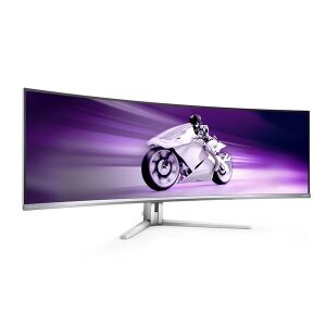 Philips Evnia 49M2C8900L 49 inch curved QD-OLED gaming monitor displaying a motorcycle - Philips Monitor