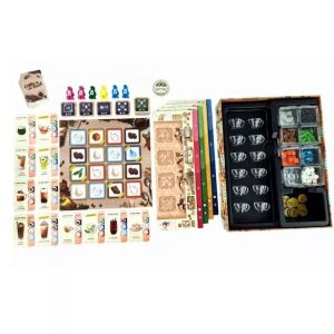 Coffee Rush társasjáték alkatrészek: játéktábla, kártyák, jelzők és barista csészék - Gémklub