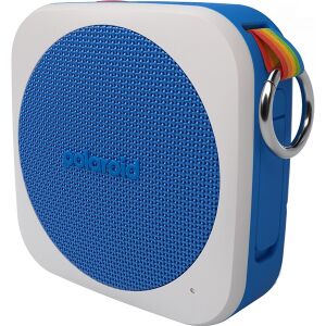 Schräge Ansicht des Polaroid P1 blau-weißen tragbaren Bluetooth-Lautsprechers mit Karabiner - Polaroid