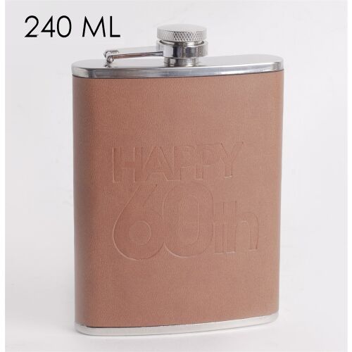 Iris rozsdamentes acél Laposüveg "happy 60th" felirattal barna műbőr tokban 240ml 139699027