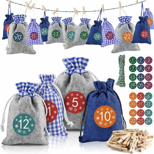 Set de 24 saculeti cu autocolante si clips pentru calendar de advent Xionghonglong, textil/hartie/lemn, multicolor 139726482