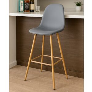 Scaun de bar Pepita Alvara gri din piele ecologică cu picioare metalice aspect lemn - Mobiliere