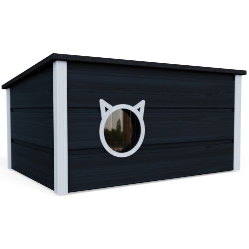 Chill XXL insulated cat house with cat-shaped entrance, black and white