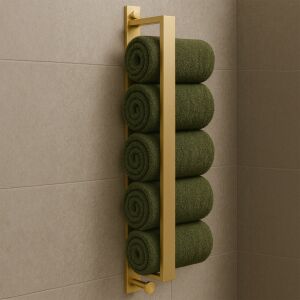Vešiak na uteráky Brush Gold so zelenými uterákmi v kúpeľni - Držiaky na uteráky
