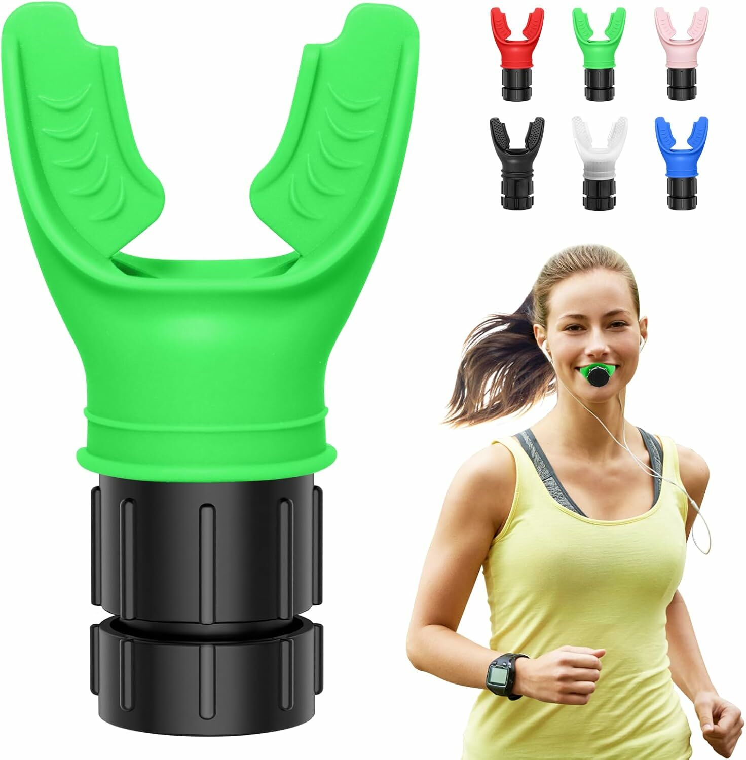 Antrenor respirator cu valva reglabila, design ergonomic, pentru imbunatatirea capacitatii pulmonare, rezistentei fizice si controlului respiratiei, verde