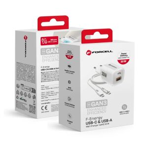 Forcell F-Energy GaN III Crystal Color USB C + USB A QC4.0 PD 33W Telefontöltő + USB C - USB C Kábel VT-41 Fehér 139780748 - Forcell