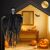 Ruhhy Black Hanging Skeleton in Halloween Setting with Pumpkins and Candles