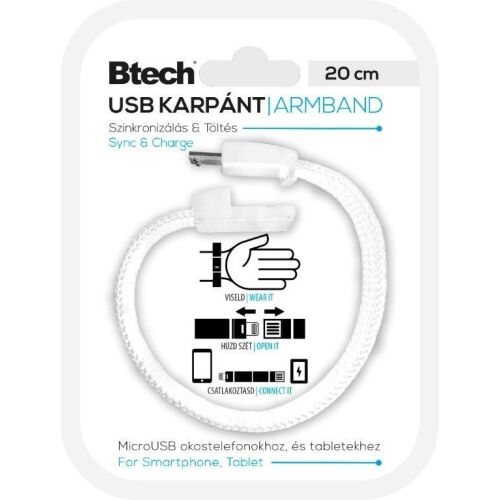 Btech Micro USB Textil Karkötő Fehér okostelefonokhoz és tabletekhez
