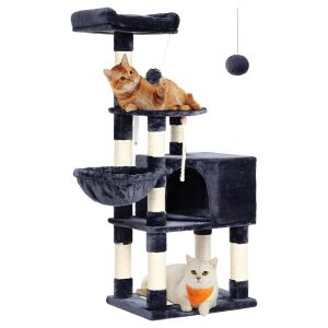 Teno® játékkészlet macskáknak, torony típusú, 2 megfigyelő platform, 4 szint, 1 ház, függőágy, kötél és játéklabda, kaparófa, extra puha párnázás, stabil szerkezet, 136 cm, sötétszürke színű. 139876818 - Állattartás