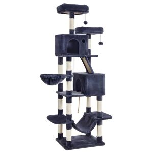 Teno® játékkészlet macskáknak, torony típusú, 3 megfigyelő platform, 6 szint, 2 ház, függőágy, kötél és játéklabda, kaparófa, extra puha párnázás, stabil szerkezet, 206 cm, sötétszürke színű. 139901465 - Állattartás