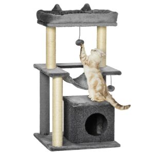 Teno® játékkészlet macskáknak, torony típusú, 1 megfigyelő platform, 3 szint, 1 ház, kötél és játéklabdák, kaparófa, extra puha párnázás, stabil szerkezet, 100 cm, sötétszürke színű. 139876824 - Állattartás
