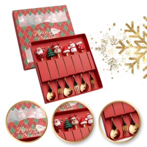 Sada lyžičiek a vidličiek s vianočnými figúrkami, 6 kusov v krabičke, zlaté 16,8 x 2,9 cm lyz5. 144070744 - Príbory