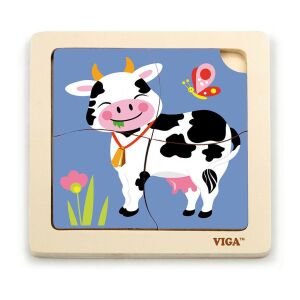 Puzzle Viga Toys cu vacă, puzzle cu ramă din lemn pentru copii - Puzzle pentru copii