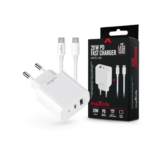 Maxlife MXTC-06 PD+QC 20W hálózati gyorstöltő adapter USB + Type-C + Type-C/Type-C kábel - fehér