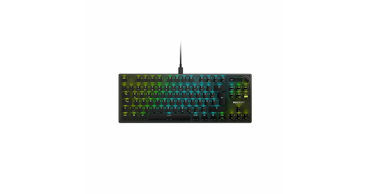 Roccat Vulcan TKL - Compact Mechanisch RGB Gaming Toetsenbord, AIMO LED Per-Key verlichting, Titan Lineaire Schakelaars, duurzaam ontwerp (aluminium bovenplaat), multimedia wiel