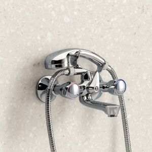 Remer Rubinetterie 1000-2000 02Y Badewannenbatterie mit Brausegarnitur, Einhebelmischer, Wandmontage, feste Halterung, Messing und verchromtes ABS