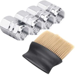 Mercaton 4 db Hatszögletű Alumínium Autószelep Sapka Készlet, 1.8 cm, Ezüst és SoftTouch Kefe Nejlon Sörtékkel és Ergonomikus Nyéllel