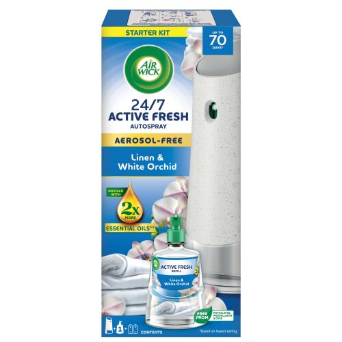 Air Wick Active Fresh Bielizeň & Biela Orchidea automatický osviežovač vzduchu štartovacia súprava, bez aerosólu, poskytuje až 70 dní sviežosti