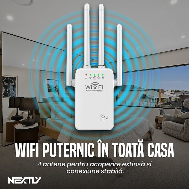 Amplificator de semnal Wi-Fi NEXTLY, 4 antene, 2, 4GHz, 300Mbs, repeater, 802.11/a/n/g/b, port LAN, conectare wps, semnal puternic, alb