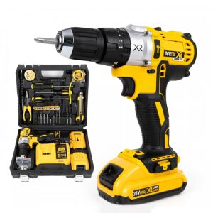 Set bormasina cu 2 acumulatori 36V, NEXTLY, trusa cu accesorii, biti, tubulare, cutter, surubelnite, prelungitoare, patent, ruleta, spirale, izolier, galben-negru