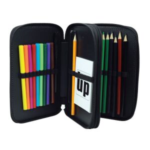 Geöffnetes Dinosaurier Alien Federmäppchen mit Buntstiften und Markern - Federmappen