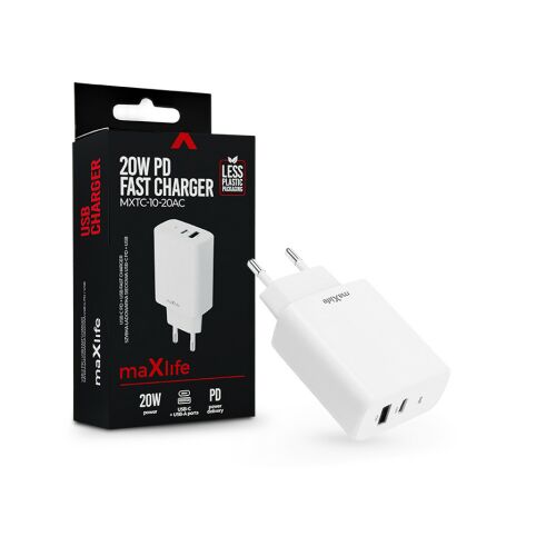 Maxlife MXTC-06 PD+QC 20W gyorstöltő adapter Type-C + USB - fehér