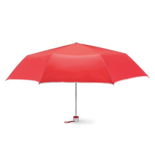 Piros összecsukható esernyő ezüst szegéllyel, nyitott állapotban