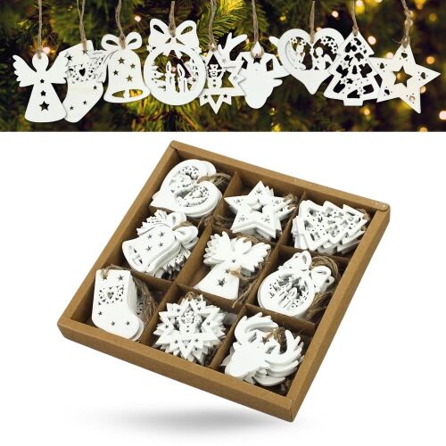Dobozos Karácsonyi Díszek: 54 darab fehér fa karácsonyfadísz dobozban, angyalokkal, csillagokkal, szívekkel és karácsonyfákkal.