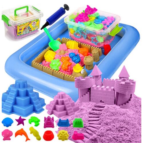 Súprava kinetického piesku s nafukovacím pieskoviskom, formami a nástrojmi