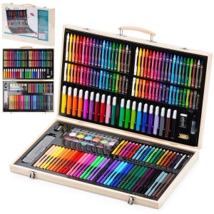 180 részes gyerek rajz és festőkészlet praktikus fa bőröndben
