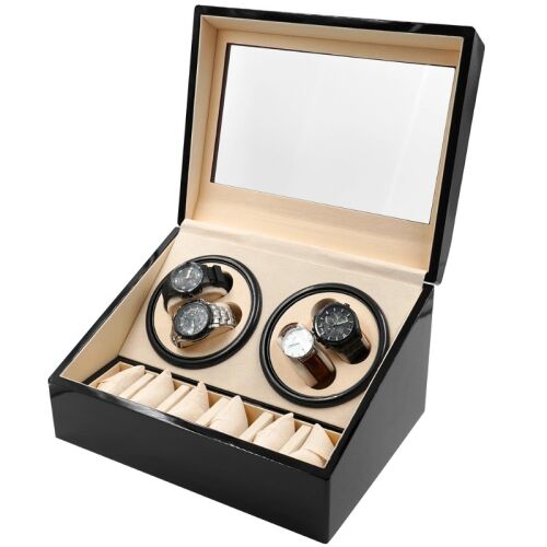iUni Óraforgató Doboz 4db Órához + 6 Tárolóhely, Watch Winder, Fekete-Krém