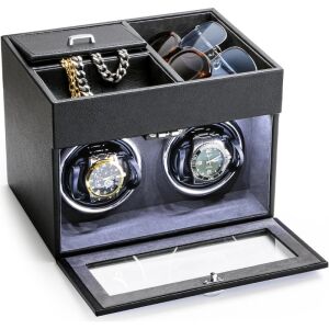 Cutie intors ceasuri iUni, Watch Winder 2 + 3 Compartimente accesorii, Piele ecologica, Negru-Gri 139921432 - Cutiii ceasuri si cutii intors ceas automatic