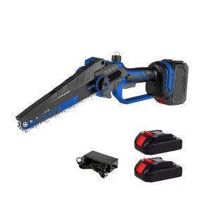 Mini láncfűrész láncfűrész NEXTLY 2 x 21V 2000mAh akkumulátor, akkumulátor százalékos kijelző, 8 hüvelykes lánc, biztonsági gomb, hordozó- és tárolótáska, fekete-kék színű.