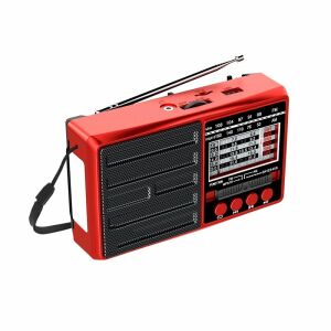Hordozható rádió, napelemes töltés, 5W, Bluetooth, USB, TF/AM/FM/SW1-6, LED zseblámpa, piros