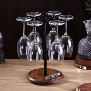 Въртяща се поставка за чаши за вино с дървена основа и черна метална рамка за 6 чаши - Бар инструмент