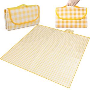 Piknik, strandtakaró, kempingszőnyeg, vízálló, hordozható, nagy, 2x2m, sárga, kockás