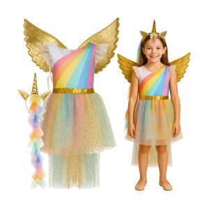 KRUZZEL Egyszarvú Jelmez Szett gyerekeknek 130-140 cm, szivárványos ruha szárnyakkal és fejpánttal, termékbemutató - Kruzzel
